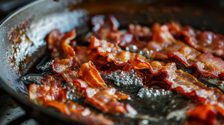 Frying bread with bacon on stoveの素材