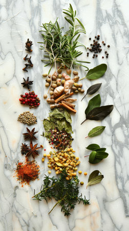 Assorted herbs and spices on marble surfaceの素材
