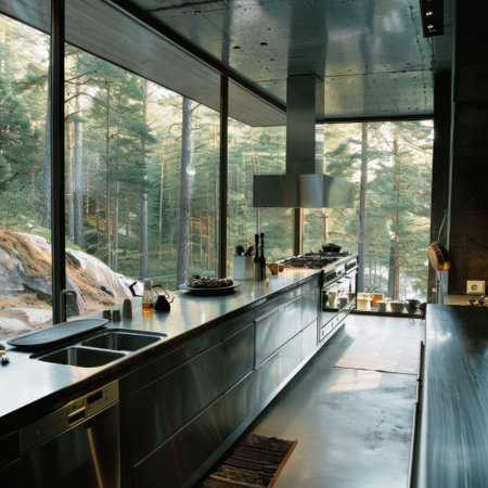 Modern kitchen with large window and sinkの素材