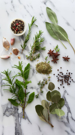 Assorted herbs and spices on marble countertopの素材