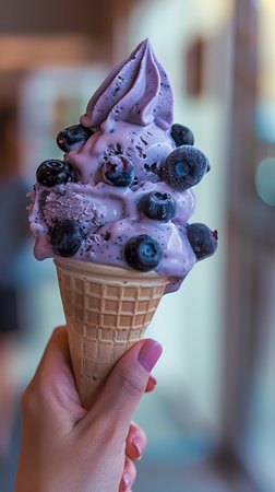 Hand holding blueberry ice cream coneの素材