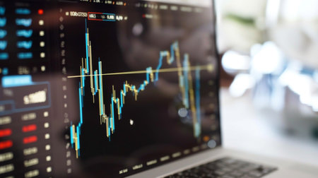 Computer screen displaying dropping interest rates chartの素材