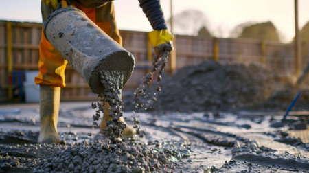 Worker pouring cement on roadの素材