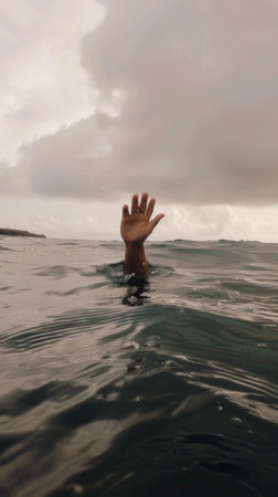 Hand emerging from ocean watersの素材