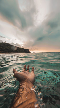 Hand dipping into water under skyの素材
