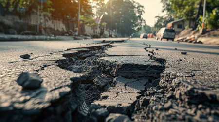 Blocked off crack in gorka earthquake-damaged roadの素材