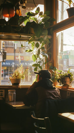 Person sitting at table by windowの素材