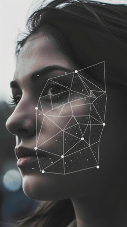 Facial recognition art: woman's face with lines and dotsの素材
