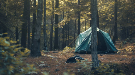 Tent shelter amidst dense forestの素材