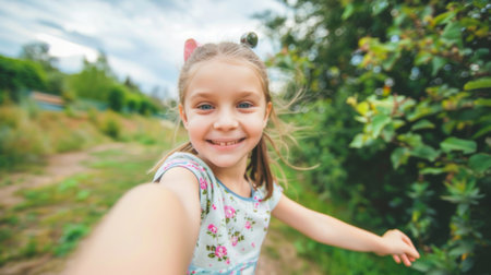 Little girl reaching out to cameraの素材