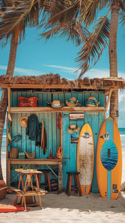 Hut and surfboards on beachの素材