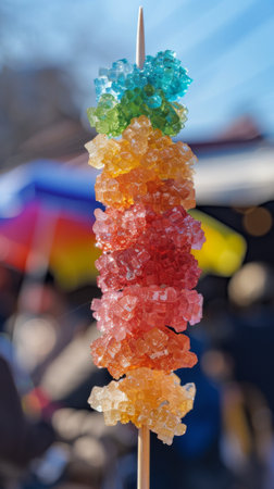 Colorful gummy bears perched on a stickの素材