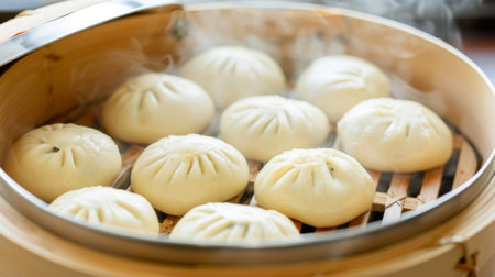 Dumplings cooking in pan on stoveの素材