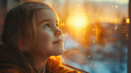 Young girl gazing at sun through windowの素材