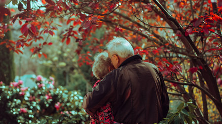 Man and woman standing under treeの素材