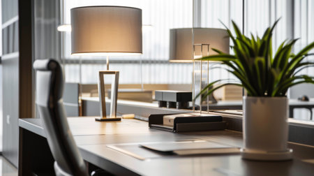 A desk with plant and lampの素材