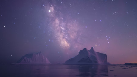 Iceberg floating under starry night skyの素材