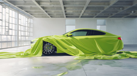 Car wrapped in green cloth in parking garageの素材