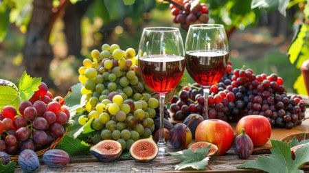 Oak table with wine glasses and fruitの素材