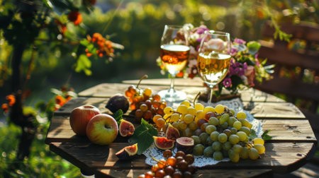 Abundant fruit display on gorka oak tableの素材