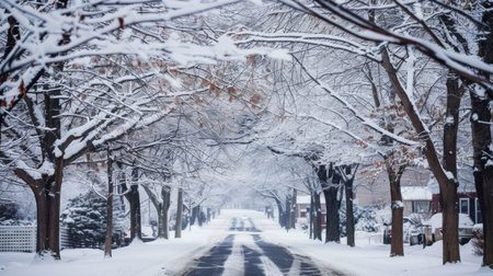 Snowy street with trees and housesの素材