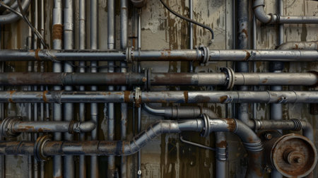 Network of connected pipes against wallの素材