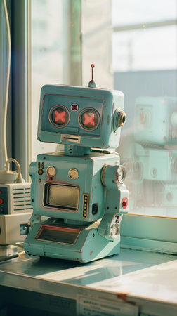 Blue robot perched on window chairの素材