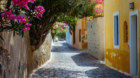 Cobblestone street with trees and flowersの素材