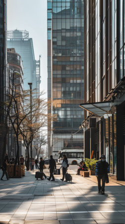 Group of people walking by tall buildingsの素材