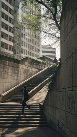 Man descending city stairsの素材