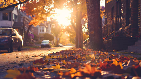 Beautiful autumn landscape in the city. Autumn leaves on the road.の素材