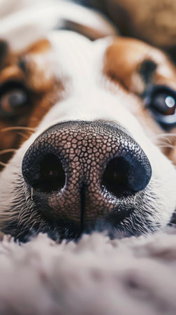 Close-up of a dog's nose. Beagle lies on a soft blanket.の素材
