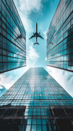 low angle view of modern skyscrapers and airplane flying in skyの素材