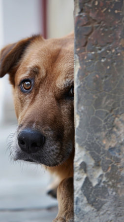 Sad dog looking through the bars of an abandoned house. Selective focus.の素材