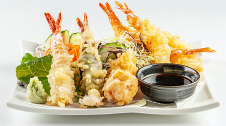 White plate with shrimp and riceの素材