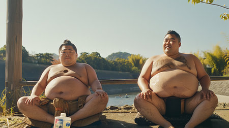 Two overweight men sitting on groundの素材