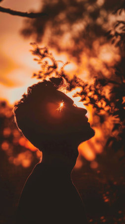 Person silhouette gazing at sunの素材