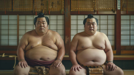 Two sumo wrestlers sitting togetherの素材