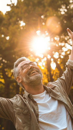 Portrait of happy senior man raising arms in park on a sunny dayの素材
