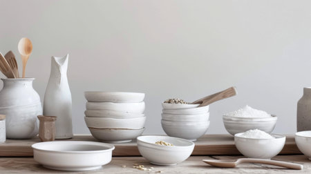 Table with white bowls and wooden spoonsの素材