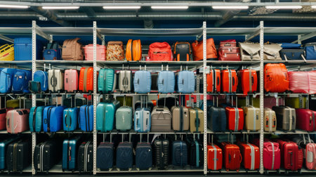 Assorted suitcases packed on storage rackの素材