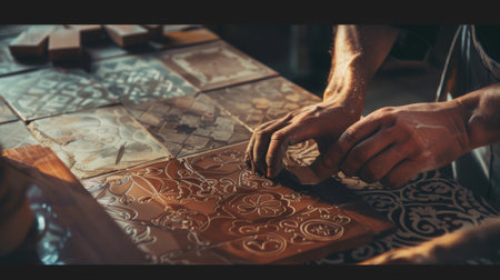 Man installing tile floorの素材