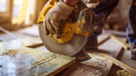 Person using circular saw to cut woodの素材