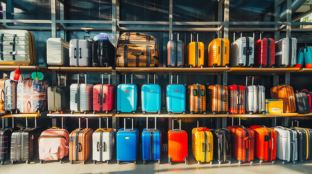 Suitcases stacked on shelfの素材