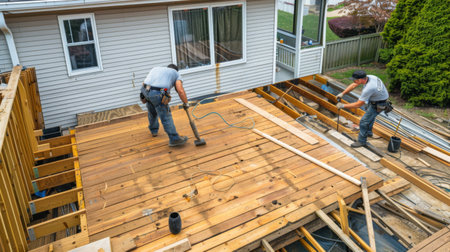 Men constructing wooden deckの素材