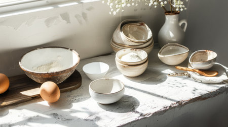 Window chair decorated with bowls and eggsの素材
