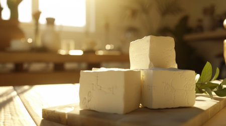 Block of cheese on wooden tableの素材