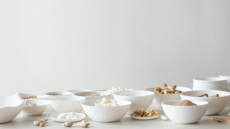Abundant white bowls filled with food on tableの素材