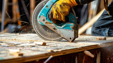 Person operating circular saw on woodの素材