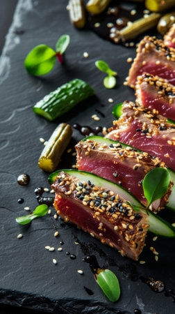 Gorka tuna steak slices with pickled cucumbers on black plateの素材